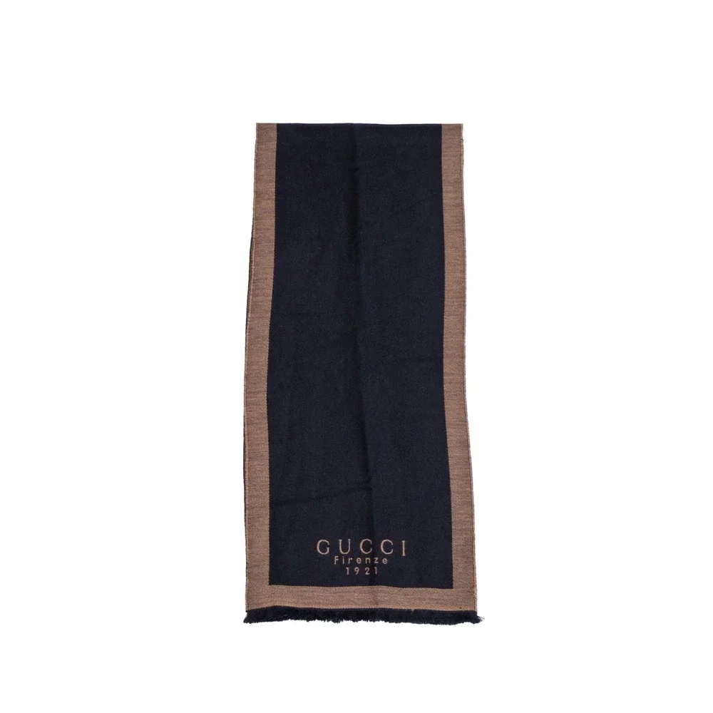 Gucci Firenze 1921 Wool Scarf Black Brown‎ Logo Fringe 172x36cm